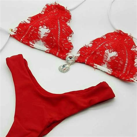Solid Lace Bikini Red Diamond Bikini Brazilian Rhinestone Swimsuit Halter Lace Up Swimwear