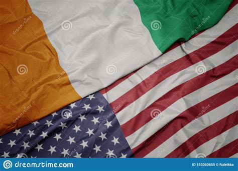 Waving Colorful Flag Of United States Of America And National Flag Of