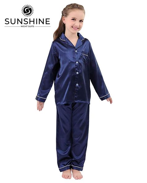 Navy Blue Silk Pajamas Set For Girls Pajamas Nightwears