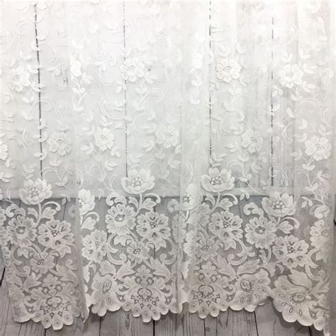 Vintage White Floral Lace Curtain Panel With Scalloped Bottom Hem Made