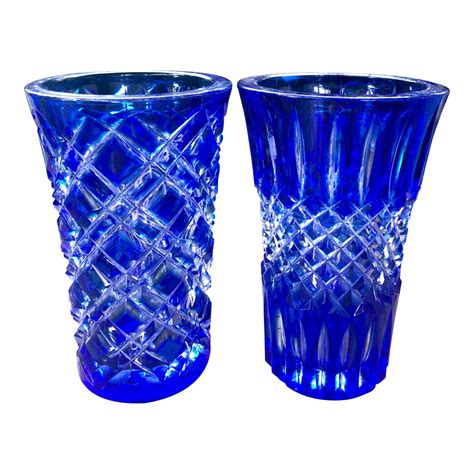 Vintage Mid Century Cobalt Blue Cut To Clear Crystal Glass Vases A Pair Chairish