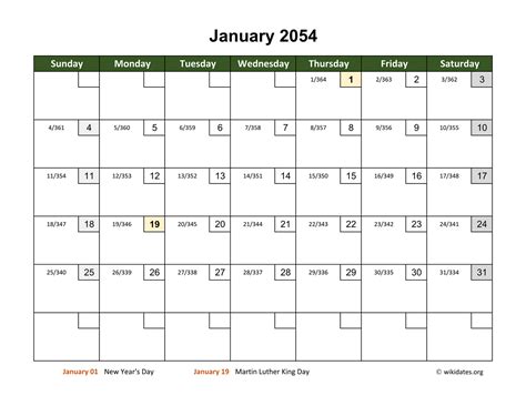 Monthly 2054 Calendar With Day Numbers