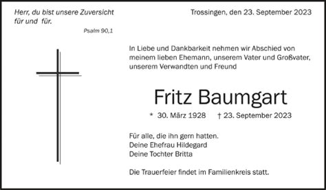 Traueranzeigen Von Fritz Baumgart Schwaebische De Trauerportal