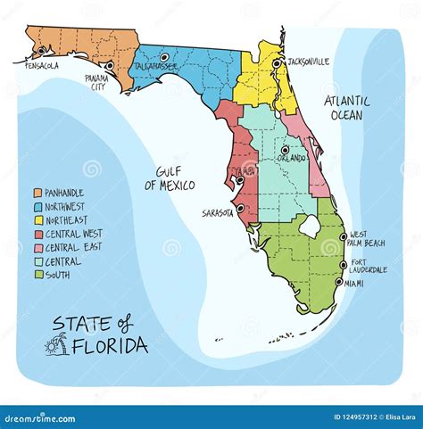 Mapa Dibujado Mano De La Florida Con Regiones Y Condados Ilustraci N