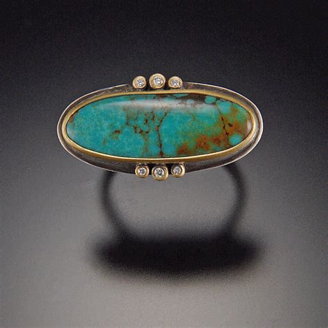 Oval Turquoise Ring With Six Diamond Dots In 2021 Turquoise Jewelry