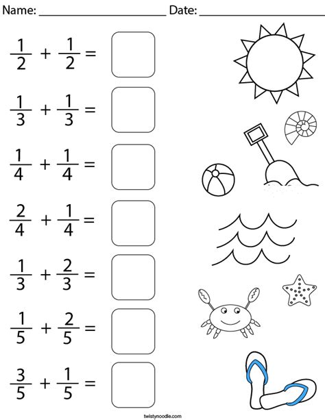 Beach Day Fractions Math Worksheet Twisty Noodle