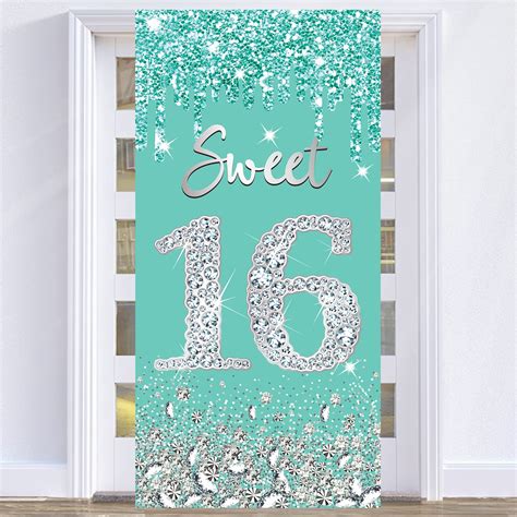 buy teal silver 16th birthday decorations door banner for girls breakfast blue happy sweet 16