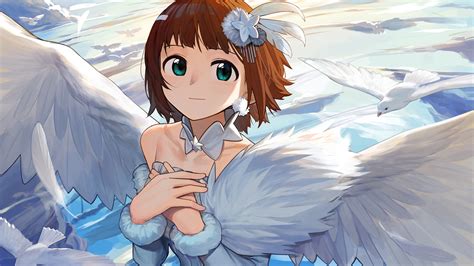 Green Eyes Anime Girl With Wings Birds Background Hd Anime Girl