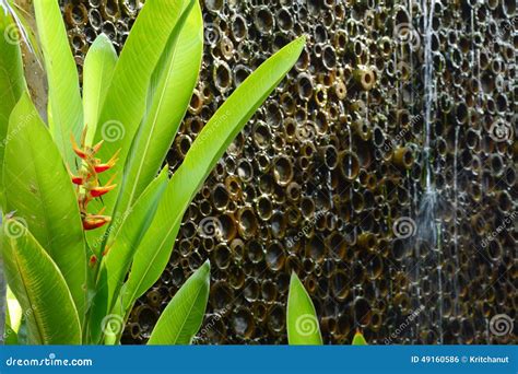 Abstract Artificial Waterfall Wall Made From Bamboo Stalks Stock Photo