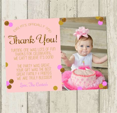 First Birthday Thank You Card Pink And Gold By Twistedsistershop