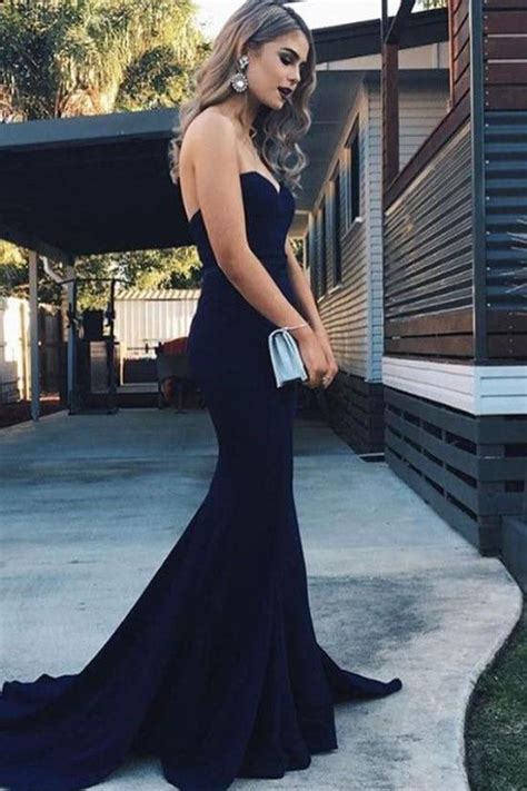 Strapless Mermaid Prom Gowns With Sweep Train Navy Blue Backless Prom
