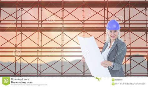 Business Woman Looking Blueprint In Front Of 3d Scaffolding Stock Image
