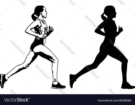 female runner sketch and silhouette royalty free vector