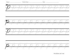 Calligraphy letters are drawn using thick and thin strokes to create shapes. Tracing worksheet: Cursive letter P
