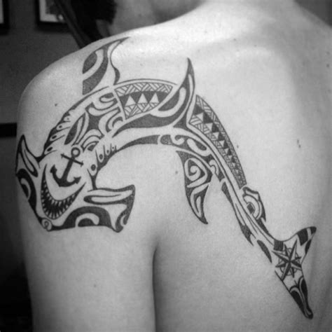 Large Black Ink Polynesian Style Shoulder And Back Tattoo