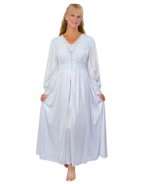 Shadowline Long Nylon Nightgown And Robe Peignoir Set Lace Cap Sleeves Nyteez