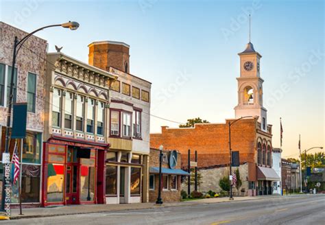 Main Street Of Rural Small Town In Midwest Usa With Storefronts And