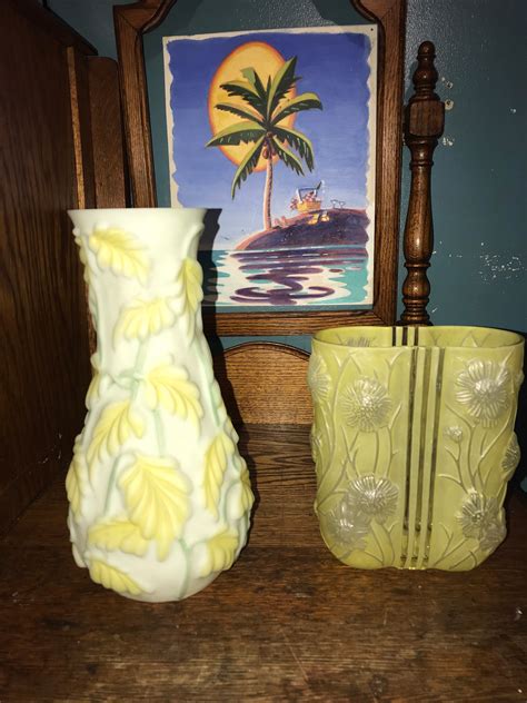 Vintage Phoenix Consolidated Glass Vase Set Philodendron Satin Glass Vase Set Of Yellow Art