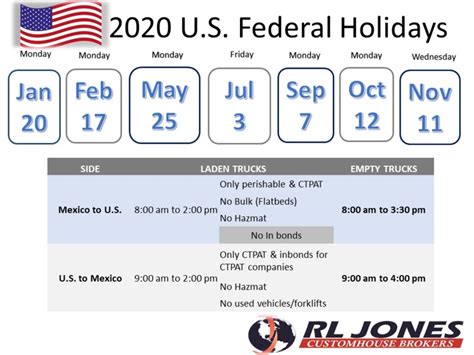 2020 Federal Holidays Rl Jones Customhouse Brokers Inc