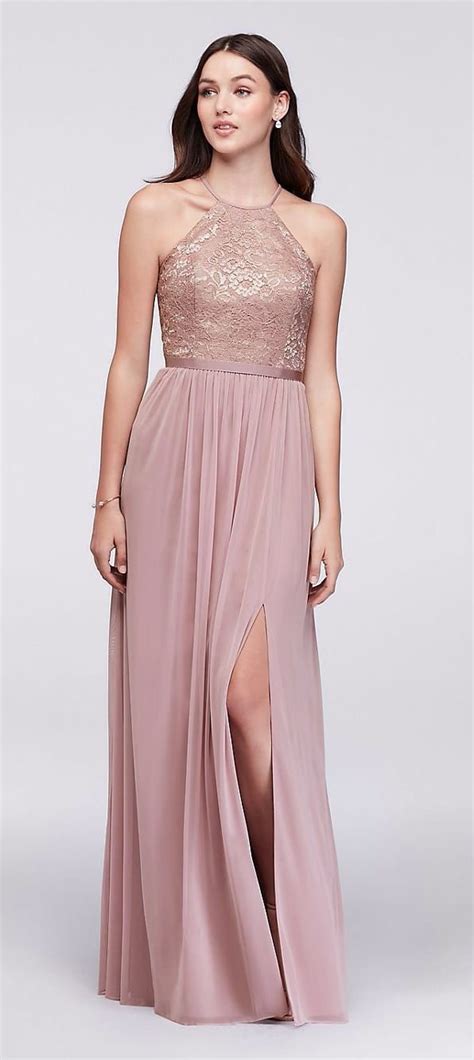 Rose Gold Bridesmaid Dresses With Lace Top By Davids Bridal High Neck Bridesmaid Dresses Rose