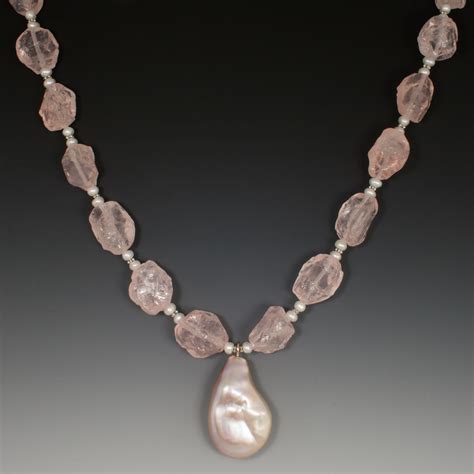 Necklace Rose Quartz White Freshwater Pearls Large Pink Baroque Drop