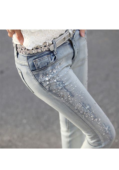 Light Blue Pockets Buttons Rhinestone Bedazzled Long Jeans