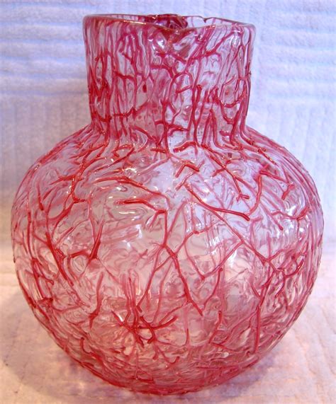 Bohemian Harrach Kralik Art Glass Pitcher Vase Pink Red Threads On From Darcysantiquetreasures