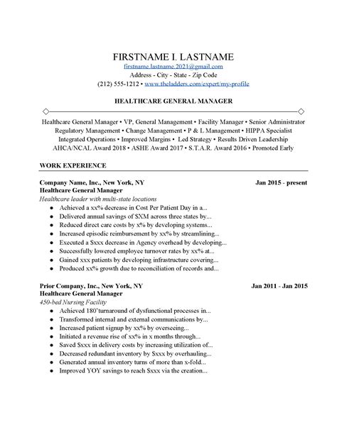 Healthcare General Manager Resume Example Free Download