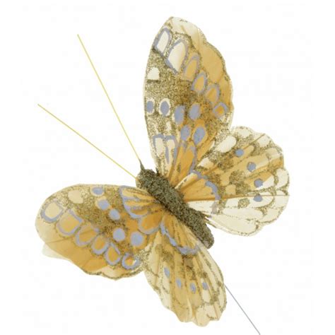 7cm Glitter Butterflies Gold 12pcs Per Pk On A 20cm Wire Corsage