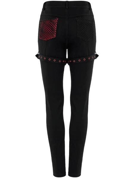Punk Rave Black And Red Gothic Punk Sexy Hollow Mesh Long Tight Pants For Women