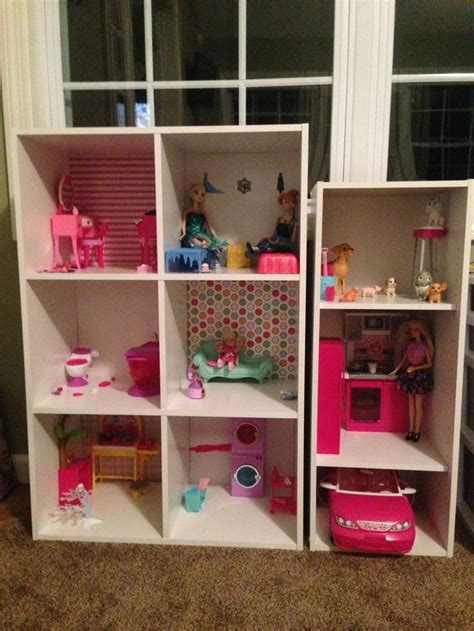 the perfect homemade barbie house shelving from target thumb tacks and scrapbooking paper