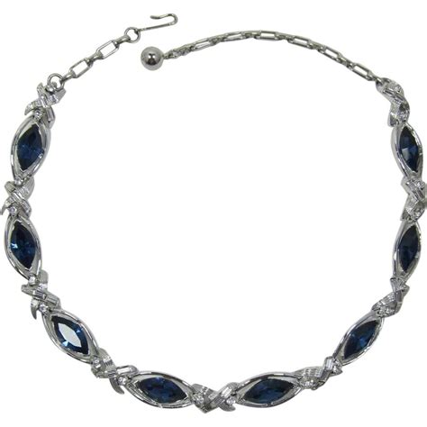 Beautiful Kramer Necklace With Deep Blue Navettes And Clear Rhinestones