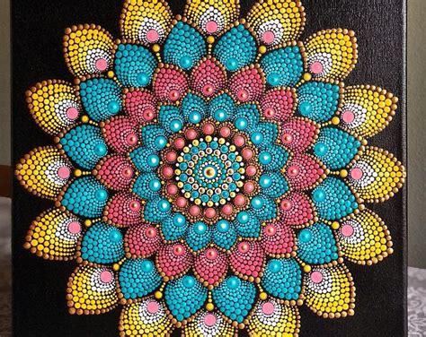 Vibrant Sunflower Dot Mandala Hand Painted On Black Stretched Canvas 10