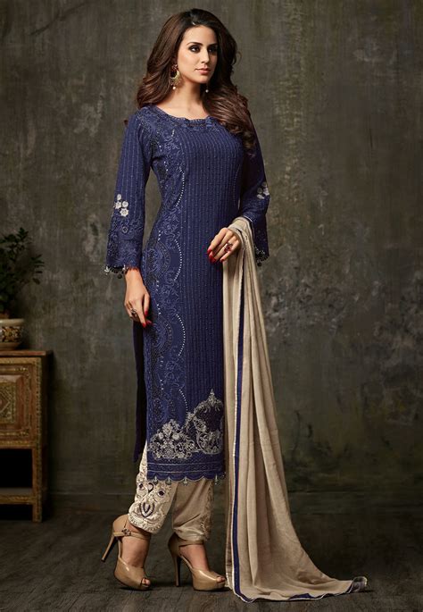 Buy Embroidered Georgette Pakistani Suit In Navy Blue Online Kch1730 Utsav Fashion