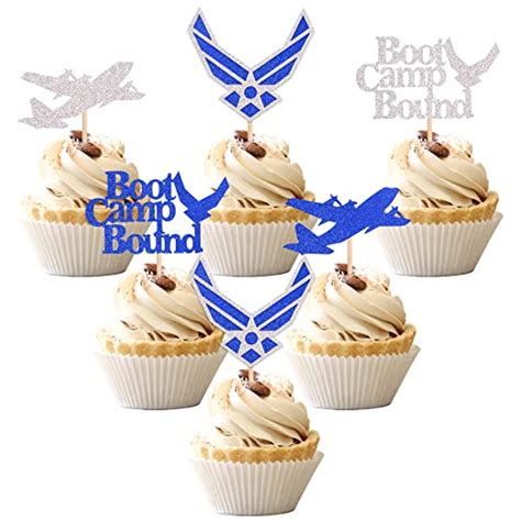 24 Pcs Air Force Cupcake Toppers Blue Silver Glitter Boot