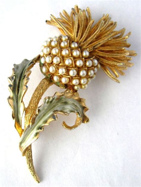 Coro Pearl Thistle Brooch Pin 1960s Gold Green Enamel Large Figural