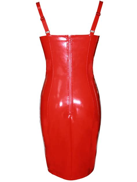 Sexy Black And Red Pvc Leather Bodycon Dress With Deep V Neck And Strap Watches For Women For