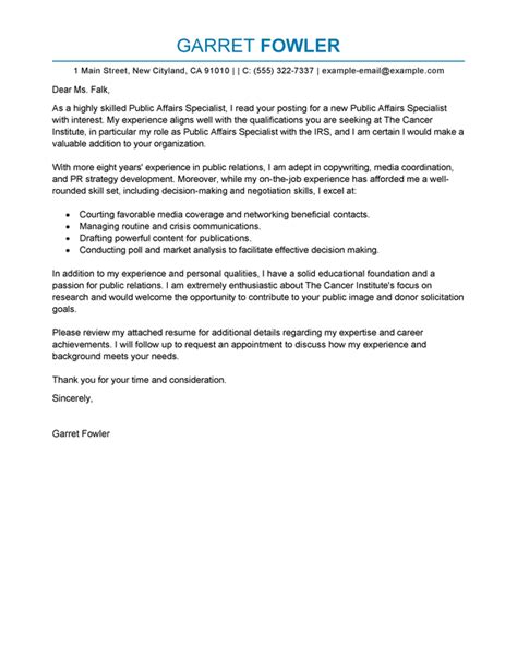 Public Affairs Specialist Cover Letter Examples Livecareer