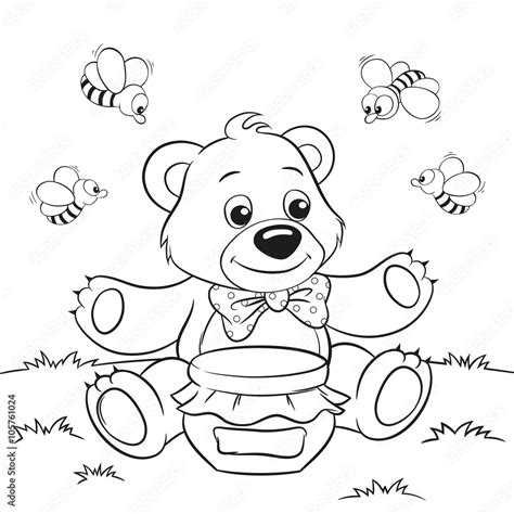 Cute Cartoon Bear With Honey And Bees Black And White Vector