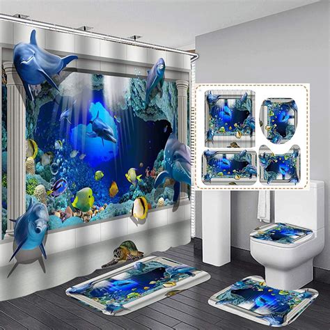 4pcs Dolphin Shower Curtain Set For Bathroom 3d Cute Sea