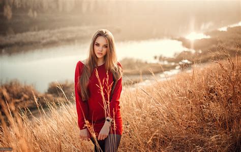 Women Outdoors Women Evgeny Freyer Blonde Red Dress Long Hair Portrait Hd Wallpaper