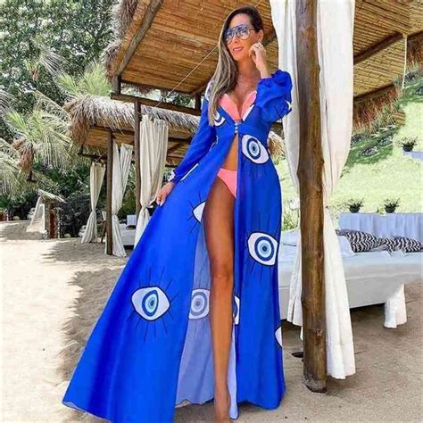 Blue Eyes Bikini Beach Cover Up Tunics For Long Kaftan Robe De Plage Sarong Swimsuit Cover S