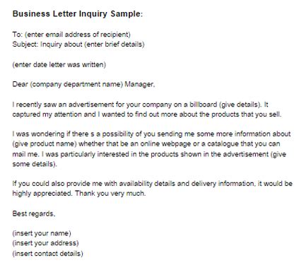 business letter inquiry sample  letter templates