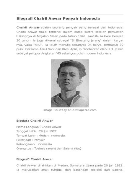 Biografi Chairil Anwar Penyair Indonesia Pdf