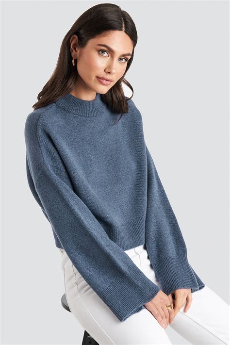Wide Sleeve Round Neck Knitted Sweater Blau Na Kd