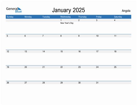 Editable January 2025 Calendar With Angola Holidays