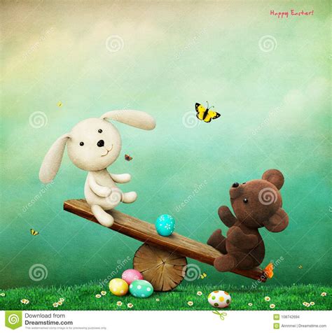 Rabbit And Bear On Swing Stock Illustration Illustration Of Spring
