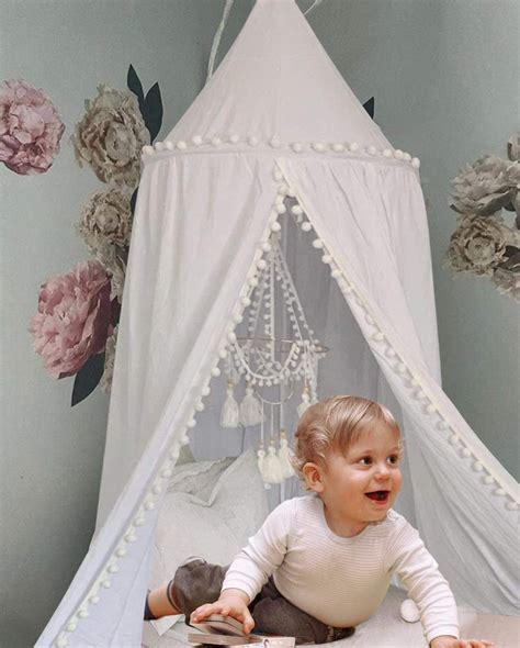 Oldpapa Crib Bed Canopy For Girls Bed With Pom Pom Cotton
