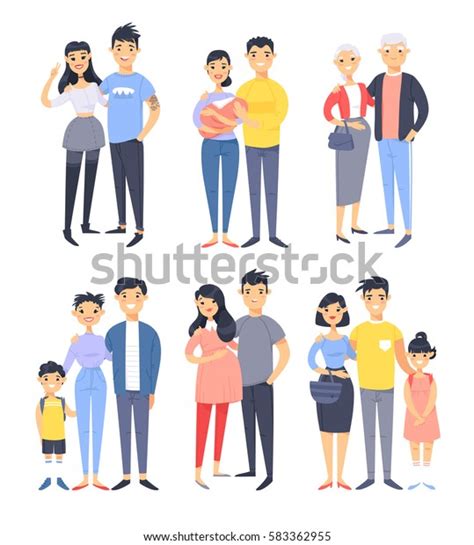 Set Different Asian Couples Families Cartoon Stock Vector Royalty Free