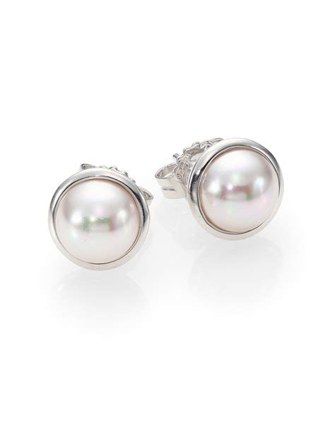 Majorica 8mm Mabe White Pearl And Sterling Silver Bezel Stud Earrings In